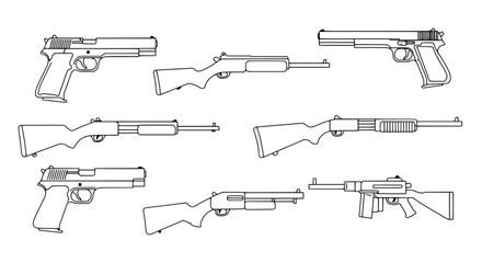 Weapons Collection: A meticulously detailed illustration showcases a collection of various weapons, each with unique characteristics, including a pistol and rifle and a gun.