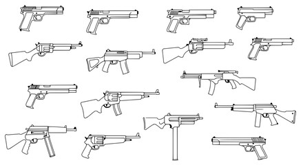 Arms and Ammunition: Collection of various firearms, handguns, and rifles in black and white, ready to use.