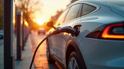 Fototapeta premium Beautiful electric car charging at a city station during sunset, showcasing sustainable transportation and modern design 