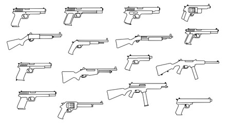 Arsenal of Firearms: A collection of diverse firearms, including pistols, rifles, and shotguns, artfully presented, illustrating the variety and mechanics of weaponry.