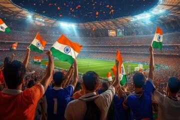 Cricket Fans Cheering in Vibrant Stadium with Indian Flags