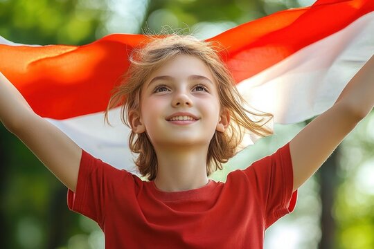 Young Boy Running with Poland Flag in Red Shirt with Vibrant Trees Background