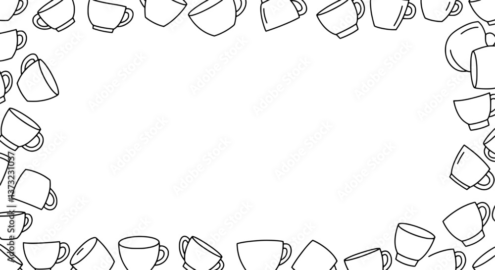 Poster Cup Frame: Minimalist and charming illustration featuring a border of coffee cups, creating an inviting frame. It's perfect for showcasing text or adding a touch of warmth to any design.