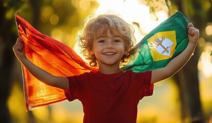 Excited Child Supporting Portugal Team with Flag