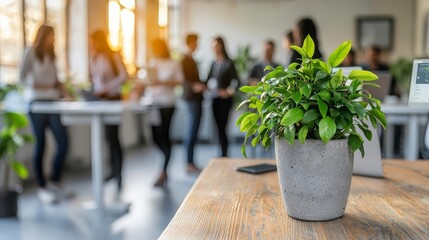 Business Hybrid Work A vibrant plant in a modern workspace setting.