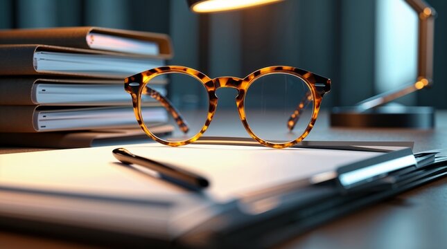 Bright, stylish glasses on documents with a warm lamp light in a modern office setting
 - Powered by Adobe