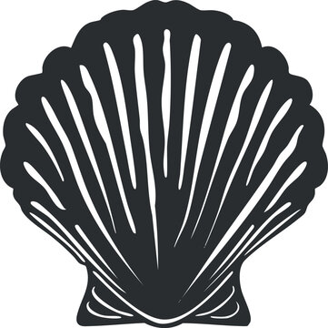 Black scallop shell silhouette vector illustration for nautical-themed designs.