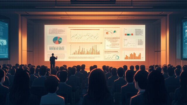 Presenter explains analysis before audience at presentation hall glowing with lights