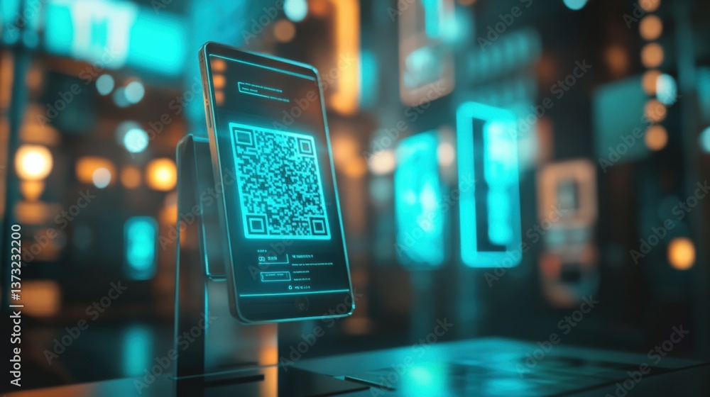 Poster Futuristic digital checkout with smartphone scanning QR code in engaging augmented reality interface