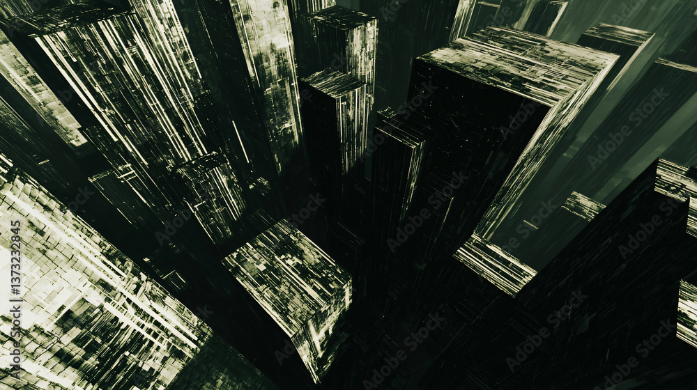 Poster a stunning cityscape displaying modern architecture and moody shadows creating a captivating sci-fi 