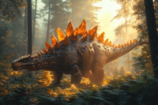 Stegosaurus Herbivore Dinosaur in Prehistoric Forest with Ferns and Vibrant Foliage Jurassic Era 3D Rendering