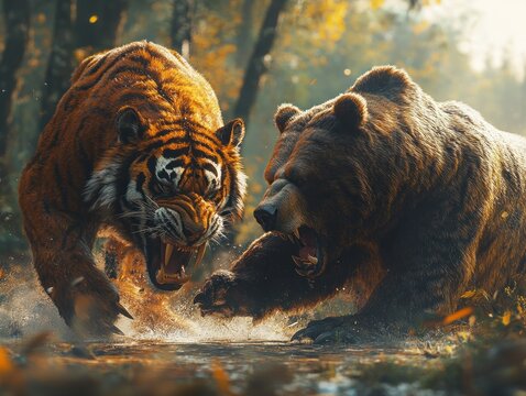 Saber-Toothed Tiger Confronts Massive Bear in Dramatic Wildlife Encounter