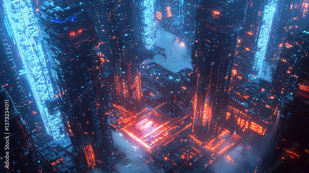 Poster futuristic cityscape illuminated by vibrant lights with crystalline data cores and a volumetric atmo