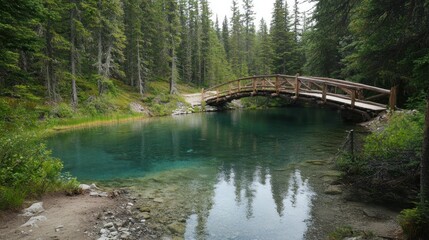 Serene Wooden Bridge Over a Crystal Clear Lake in a Lush Forest