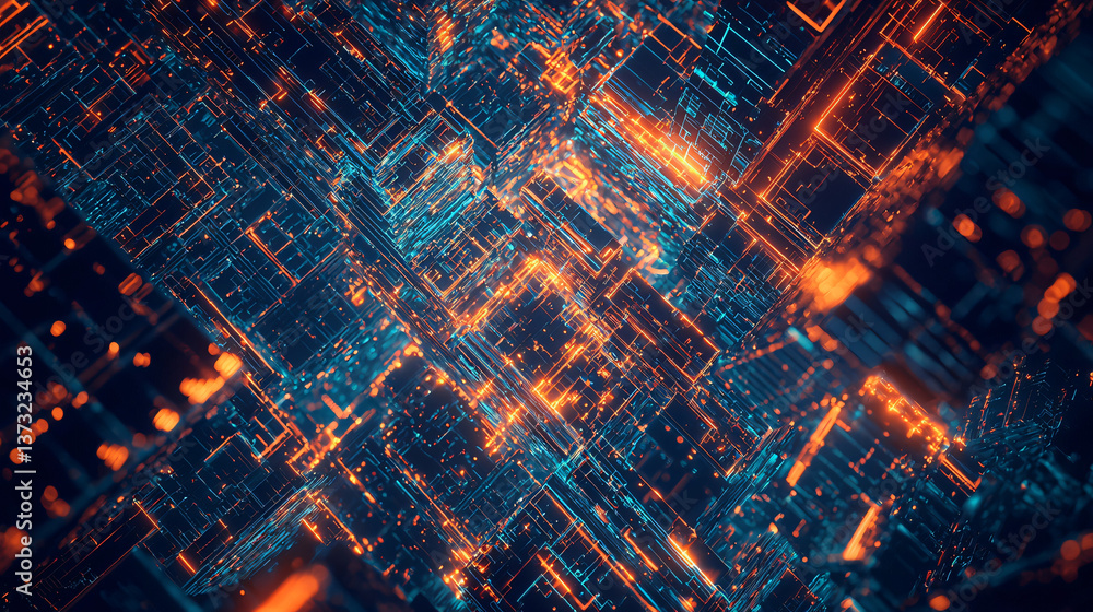 Poster dark and orange background with soft light creating an atmospheric sci-fi environment featuring cybe
