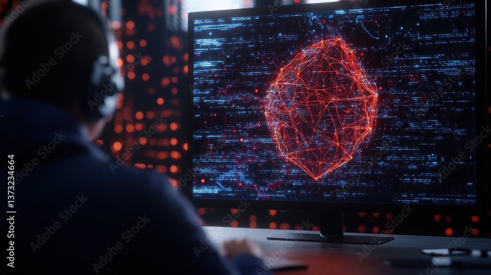 Poster focused individual in headphones analyzing complex glowing network graphic and scrolling code on com