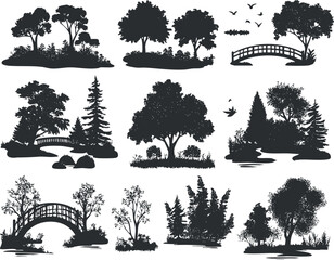 Obraz premium Silhouette of trees and bridges for nature-themed designs and tranquil scenery.