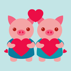Fototapeta premium two adorable pig figurines holding hearts