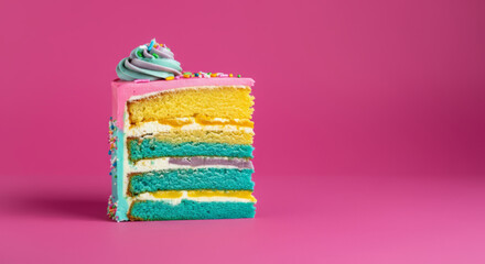 Vibrant layered rainbow cake slice on bright pink background