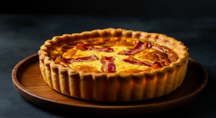 Savory bacon quiche on wooden plate with golden crust in dim lighting