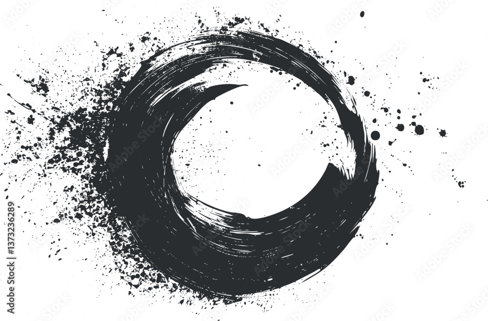 Poster abstract ink brushstroke circle with splatter for zen-inspired designs.