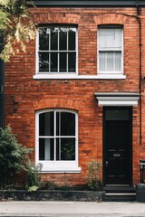 Fototapeta premium Charming red brick house with classic windows and a modern black front door located on a peaceful neighborhood street during daylight hours
