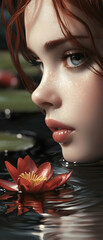 Closeup Portrait of a Woman with Red Hair and Water Lily