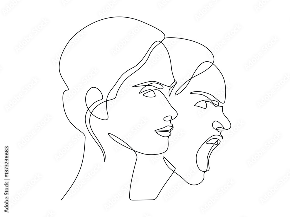Poster calm and angry screaming woman in continuous one line drawing. stress and anger person behind appare