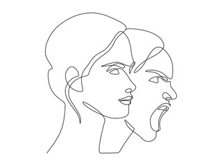 Calm and angry screaming woman in continuous one line drawing. Stress and anger person behind apparent calmness in simple linear style. Mental health and illness concept. Doodle vector illustration