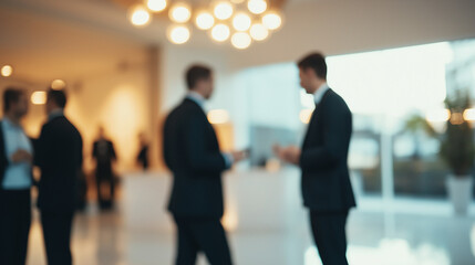 A blurred networking event with business professionals in formal attire, gathered in a modern office or event space, engaging in conversation