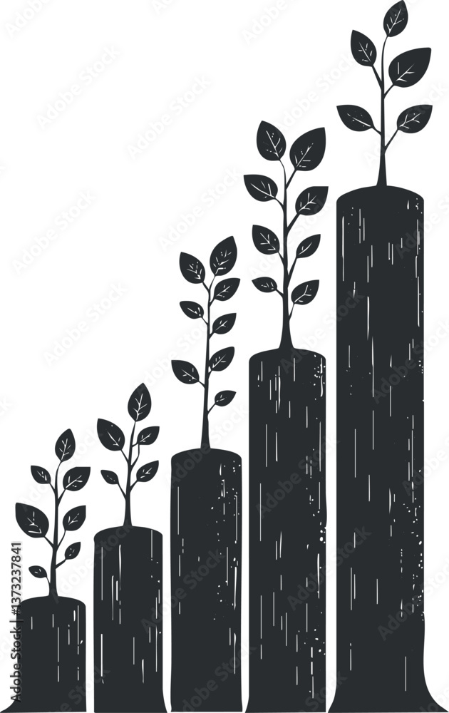 Poster illustration of plant growth on bar graph representing progress and development concepts.
