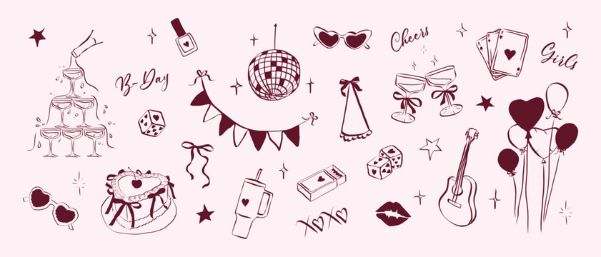 Birthday party set in hand drawn coquette style. Outline whimsical symbols for girls bachelorette. Trendy art for invitation and banner for holidays. Doodle vector illustration