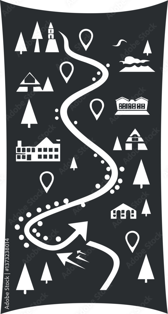 Poster monochrome vector map illustration with abstract symbols for travel and navigation themes.