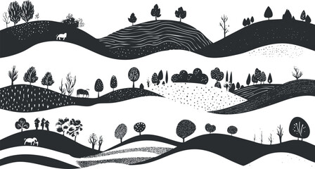 Minimalist black and white landscape illustration with hills and trees for design use.