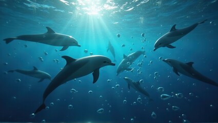 Fototapeta premium A group of dolphins swimming peacefully underwater, with sunlight filtering through the water, creating a serene and magical atmosphere. Generative, AI,