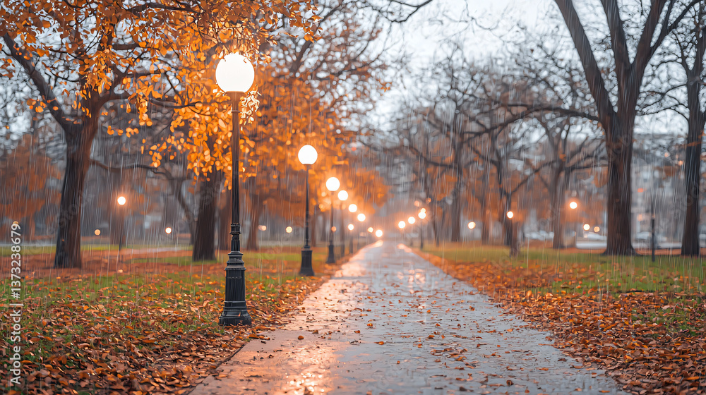 Poster serene park pathway surrounded by lush trees under a soft ambient glow and gentle digital rain in a 