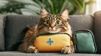 A Maine Coon cat with wide eyes sitting on a gray couch protectively cradling a yellow first-aid kit with a smaller green kit beside it snugly.