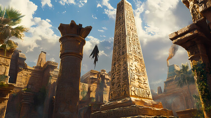 An ancient obelisk adorned with intricate carvings, showcasing rich historical symbolism and architectural beauty. Sacred Obelisk. Illustration