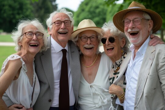 Group of senior friends laughing and having fun in a park on a sunny day - Powered by Adobe
