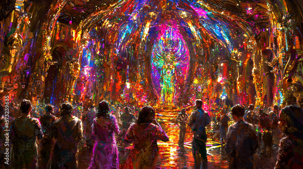 Poster people walking through an intriguing tunnel with futuristic lighting and architectural design creati