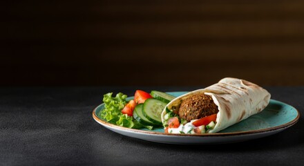 Falafel wrap with fresh vegetables and sauce on a plate