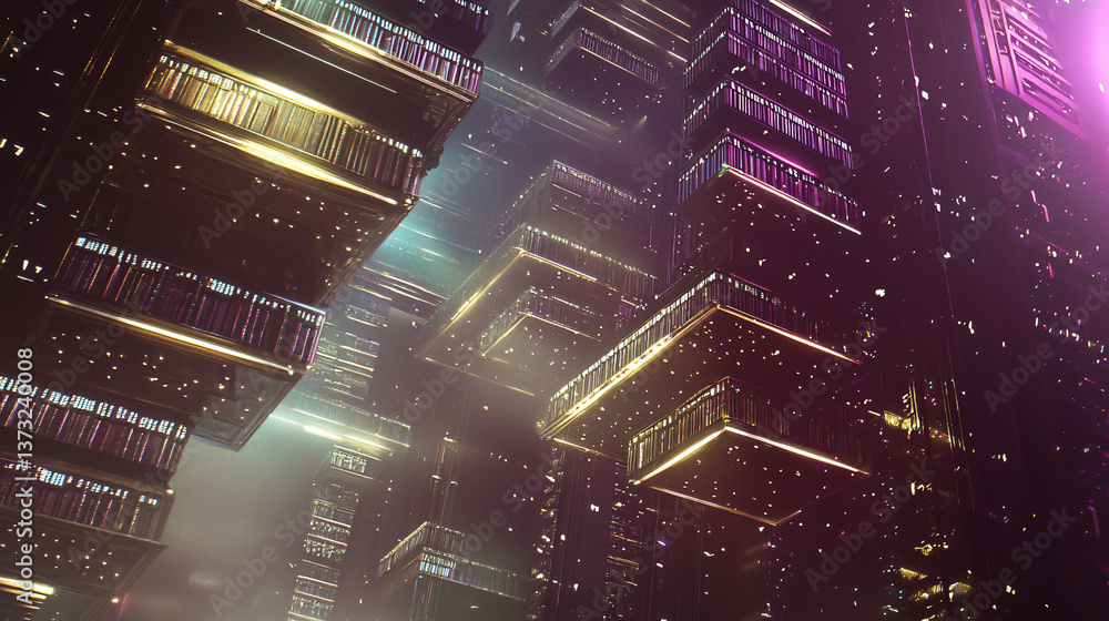 Aufkleber an expansive urban landscape filled with numerous buildings highlighted by floating quantum librarie