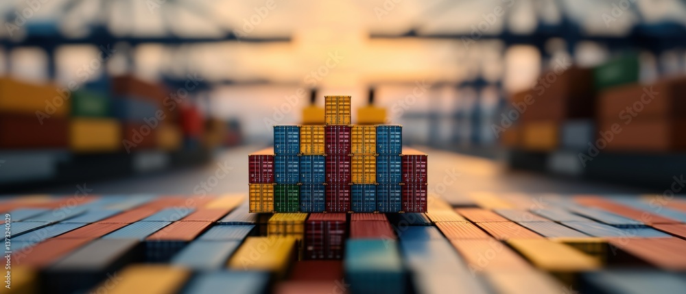 Poster close-up view of vibrant shipping containers stacked at a busy port du sunset with blurred cranes an