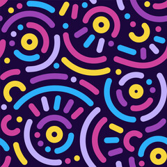 Memphis geometric seamless pattern. Abstract modern background with circles, curves, short rounded lines and dots. Fun kid doodle design element for cover, poster, banner, label, textile, wrapping.	