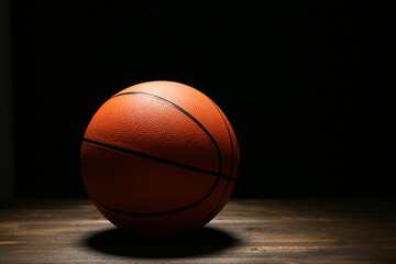 Obraz premium Ball for playing basketball on wooden table against black background