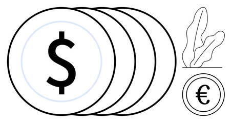 Stacked coins featuring dollar and euro signs with minimal decorative plant. Ideal for finance, currency, savings, investment, economics, wealth, business concepts. Flat simple metaphor