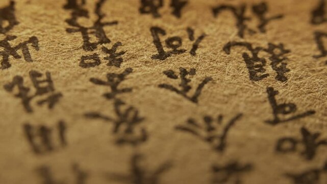 Macro old manuscript with traditional Chinese characters. Worn paper, black ink,
