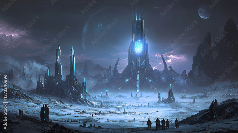 Aufkleber a sci-fi themed cityscape filled with futuristic architecture and high-key lighting creating an impr