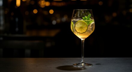 Elegant cocktail glass with lime and mint garnish on dark background