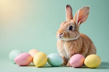 Adorable bunny portrait, pastel Easter eggs, floppy ears, pet, brown, ears